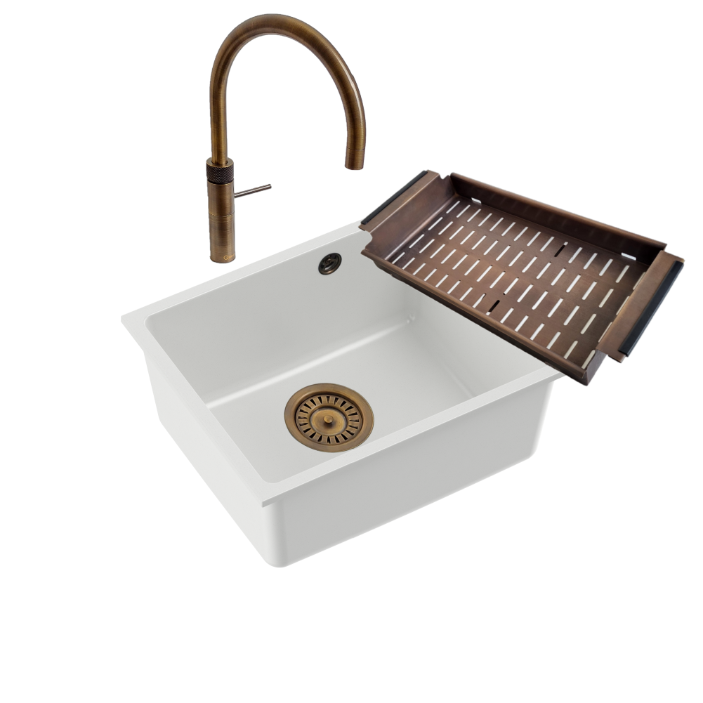 Quadron Alec 40 White Patinated Brass, undermount kitchen sink