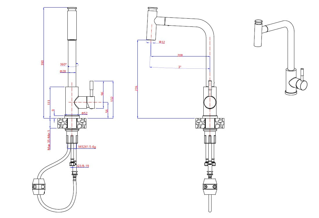 Quadron Meryl pull our tap with spray function, Matte Black