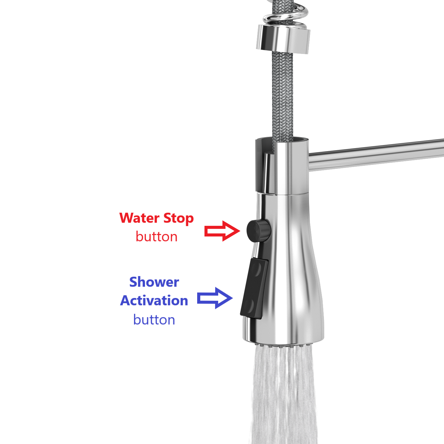 Quadron Salma flexible tap with spray & water stop function, Brushed Steel