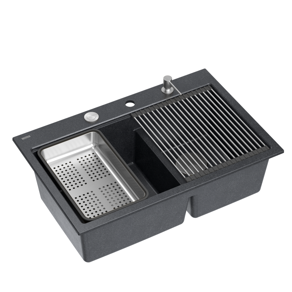 Double bowl kitchen sink workstation, black granite, with Double bowl kitchen sink workstation, black granite, with