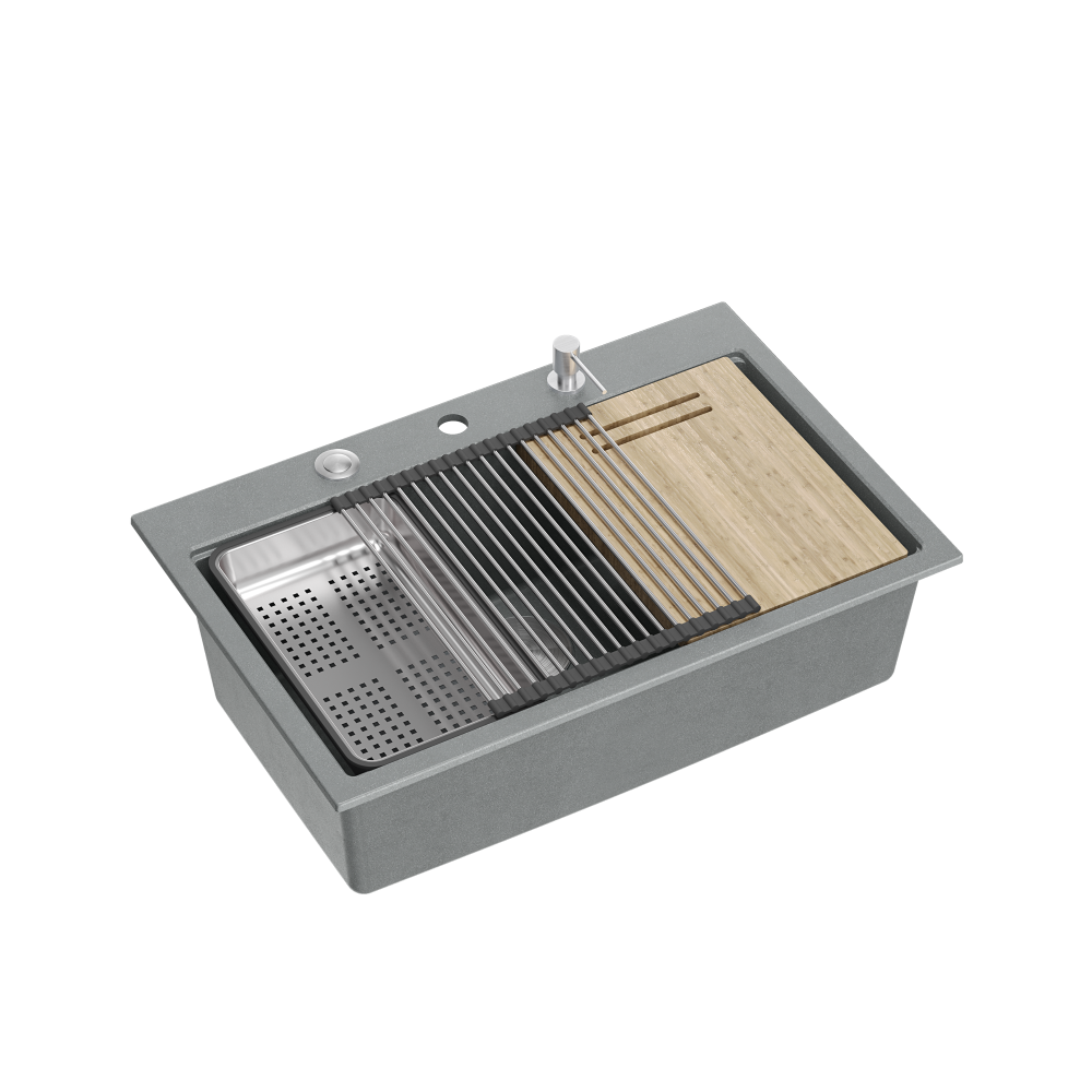 Quadron Marc Pure Carbon/Silver Stone flush workstation sink