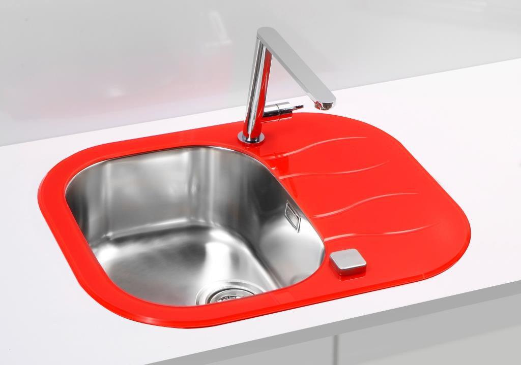 Glass kitchen sink, red colour