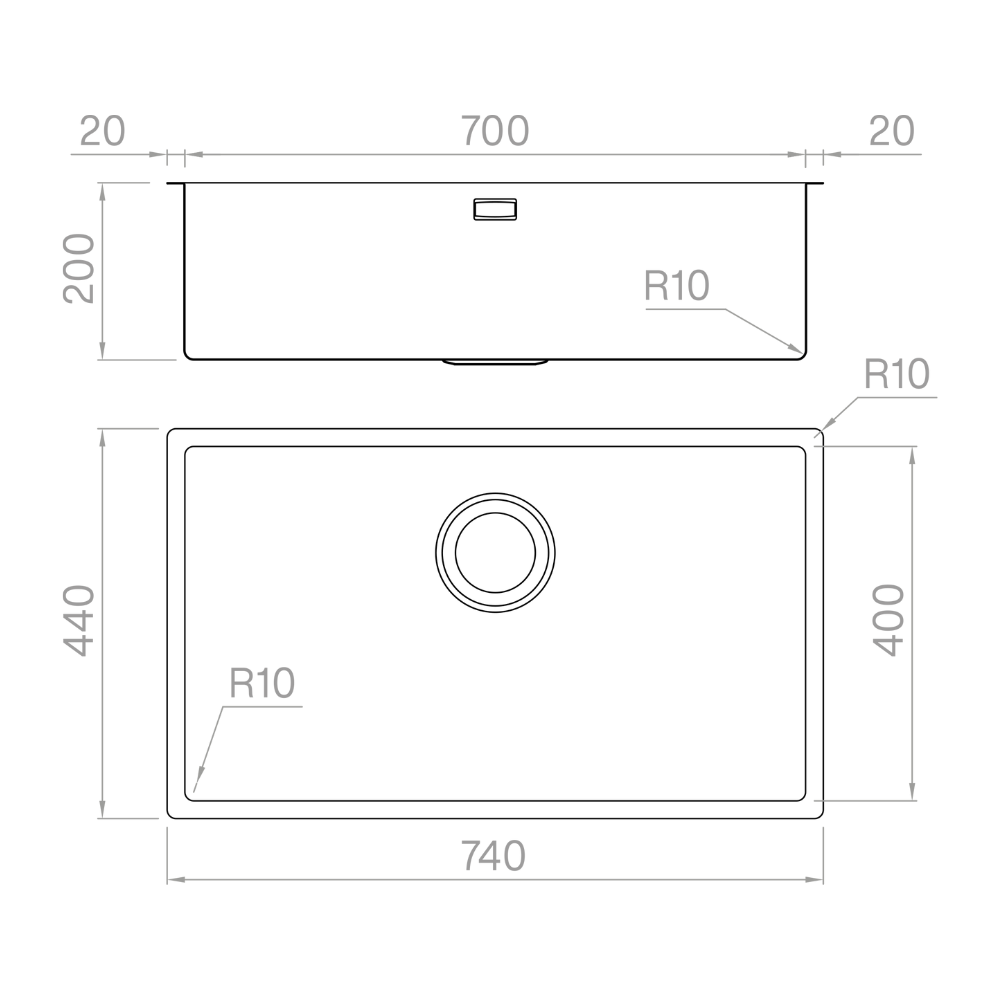 Artinox Titanium Gun Metal 70, top, flush-mount or undermount sink