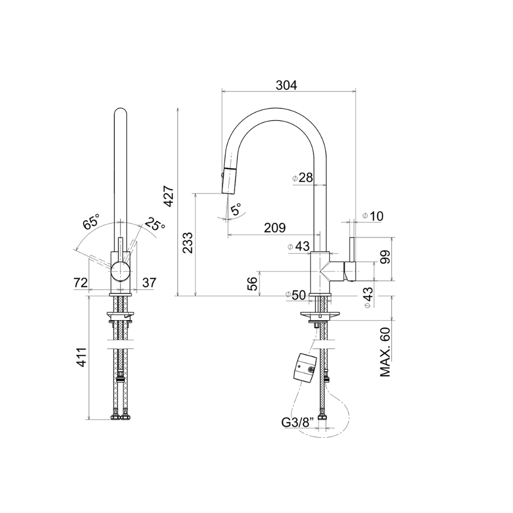 Artinox Element kitchen tap with pull out hand-spray