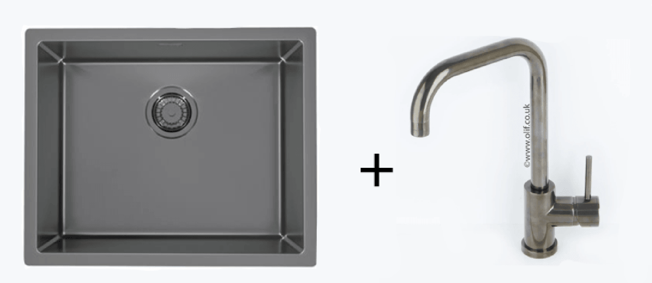 Pack of Alveus Monarch Quadrix 50 Anthracite sink and matching Anthracite tap - Olif