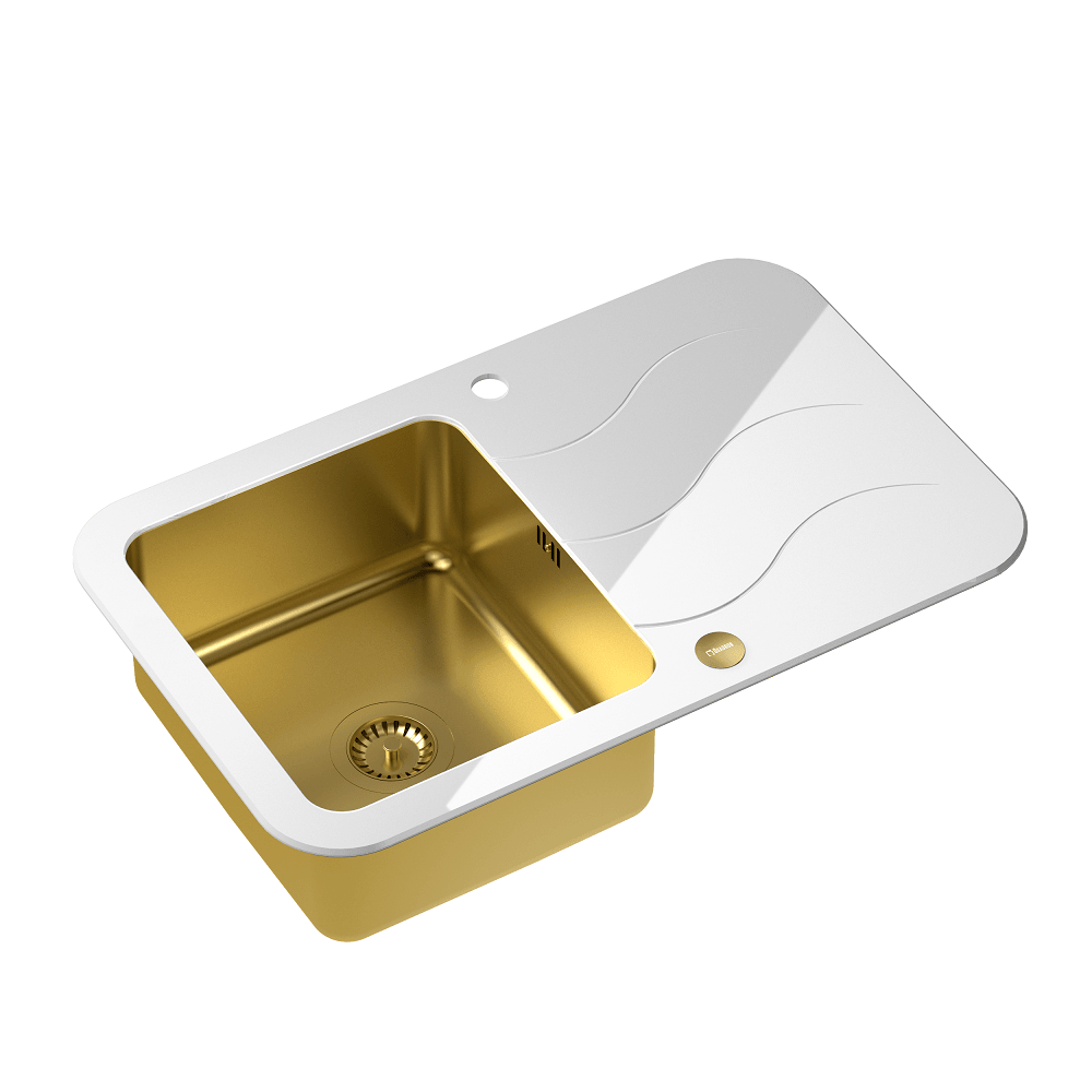 Quadron Glen 211 White Glass/ Gold Steel, inset kitchen sink - Olif