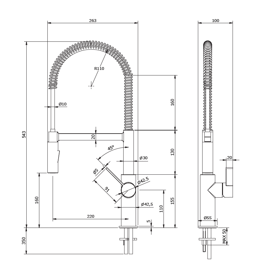 Coil spring kitchen tap, with spray, UK Teorema Giro Olif